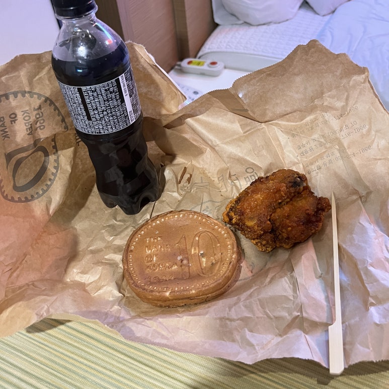 숙소에 돌아오는 길에 10원 빵과 편의점 치킨을 사 왔다.