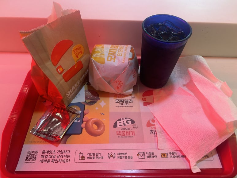 아침을 안 챙겨 먹고 와서 혼자 롯데리아에서 햄버거를 먹었다.