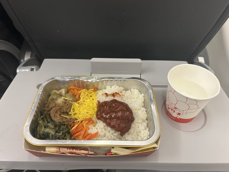 티웨이에 기내식은 치킨 데리야끼랑 비빔밥이었는데 이미 간식으로 가져간 고구마 말랭이를 먹고 있어서 좀 덜 헤비 하게 비빔밥으로 먹었다.