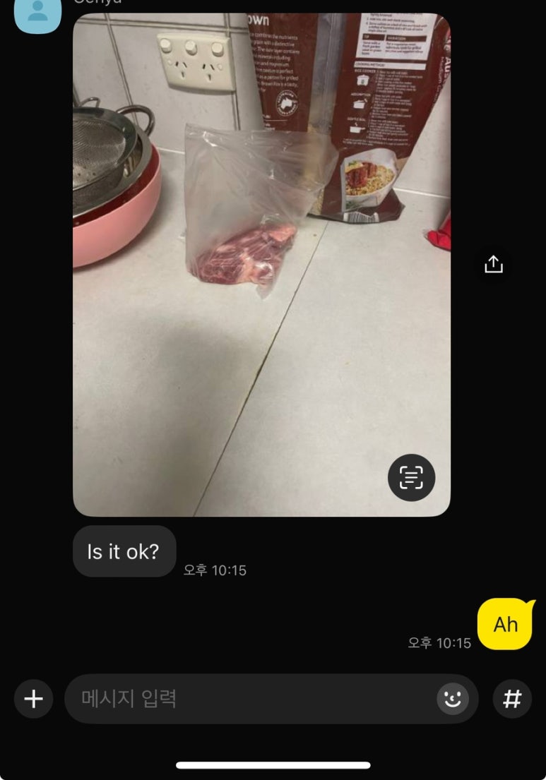 일본인 친구가 김치찌개 만들고 남은 목살 사진을 찍어 보내줬어요 제가 오늘 정신이 없긴 한가 봐요